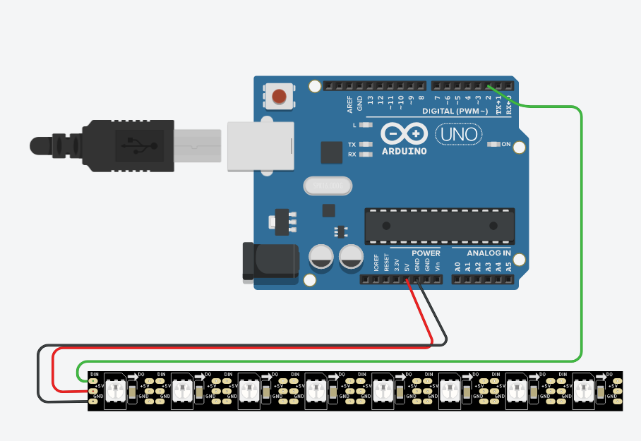Schéma de câblage entre une carte Arduino et un module de huit LEDs NeoPixel