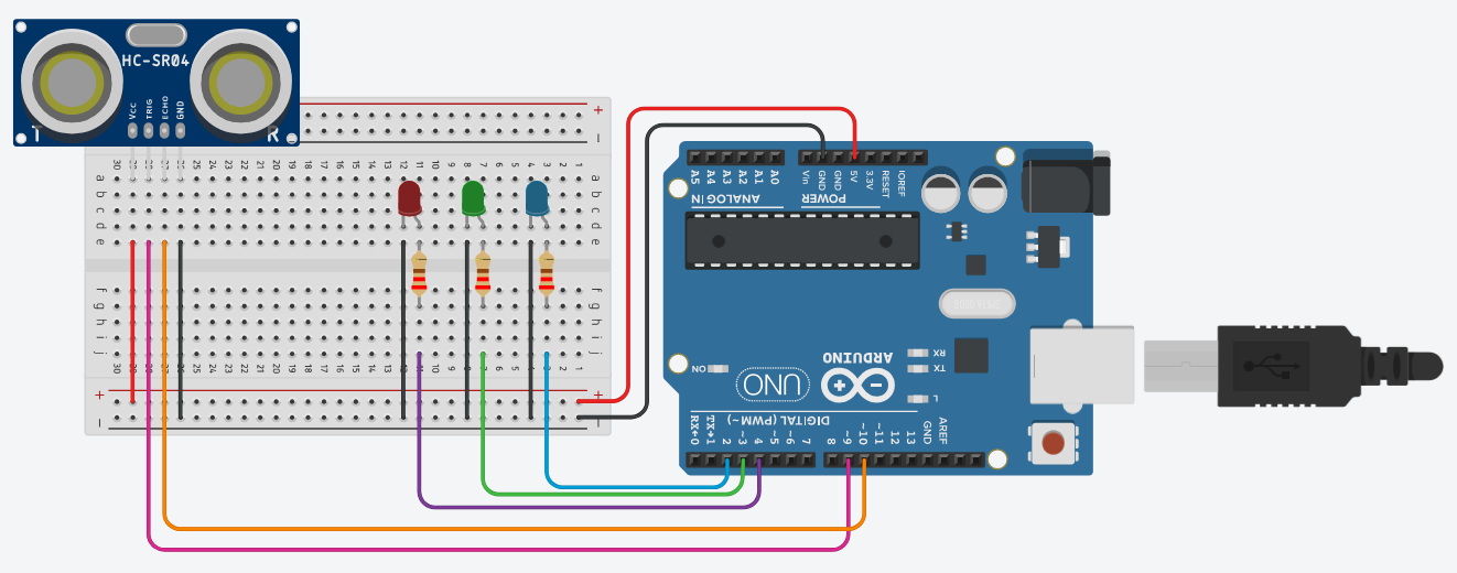 Schéma de câblage entre une carte Arduino, un capteur ultrason et trois LED